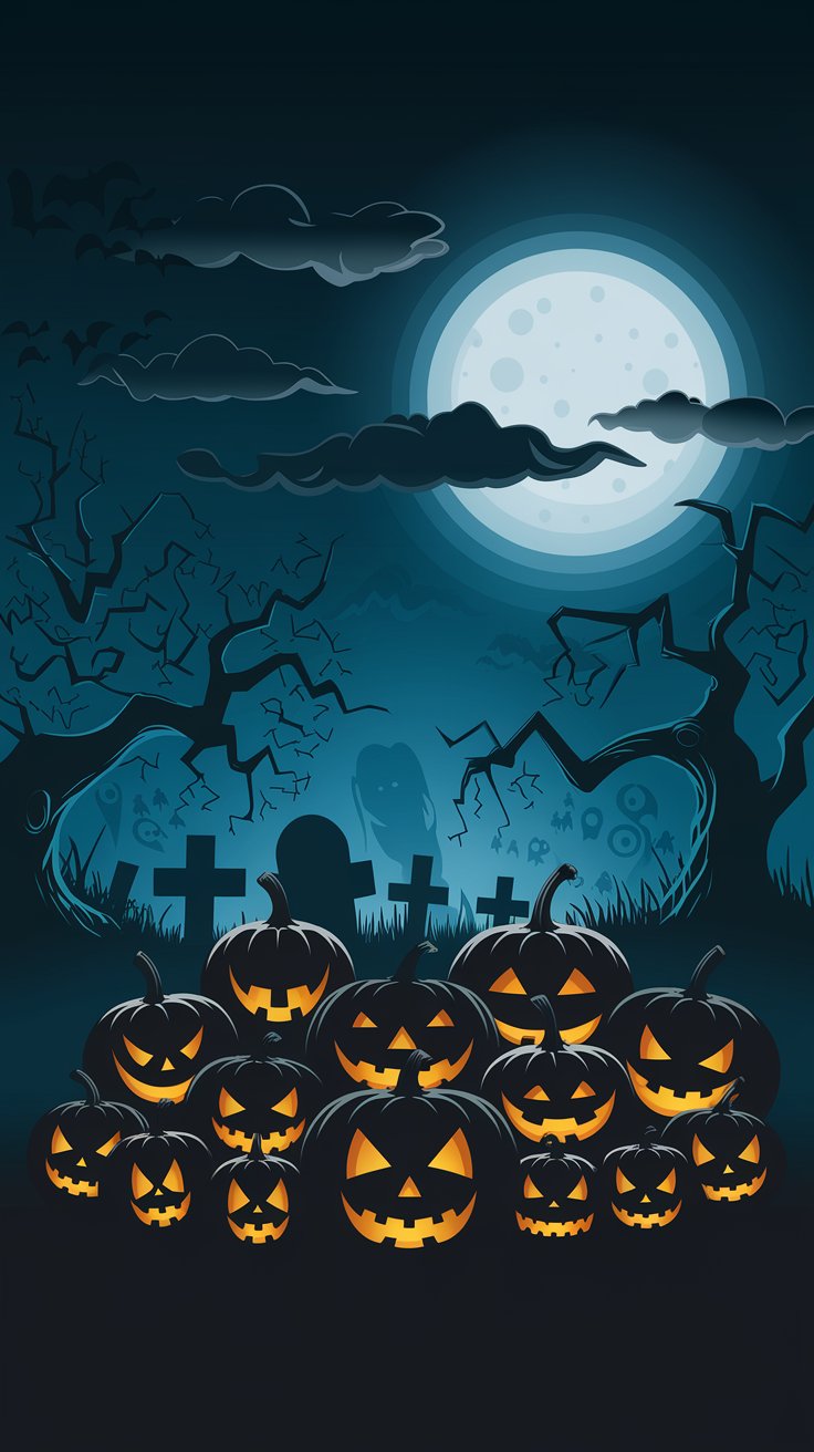 Enter a ghostly graveyard adorned with glowing jack-o-lanterns, contorted trees, and spectral figures, all under a full moon and haunting clouds. Are you brave enough to explore?