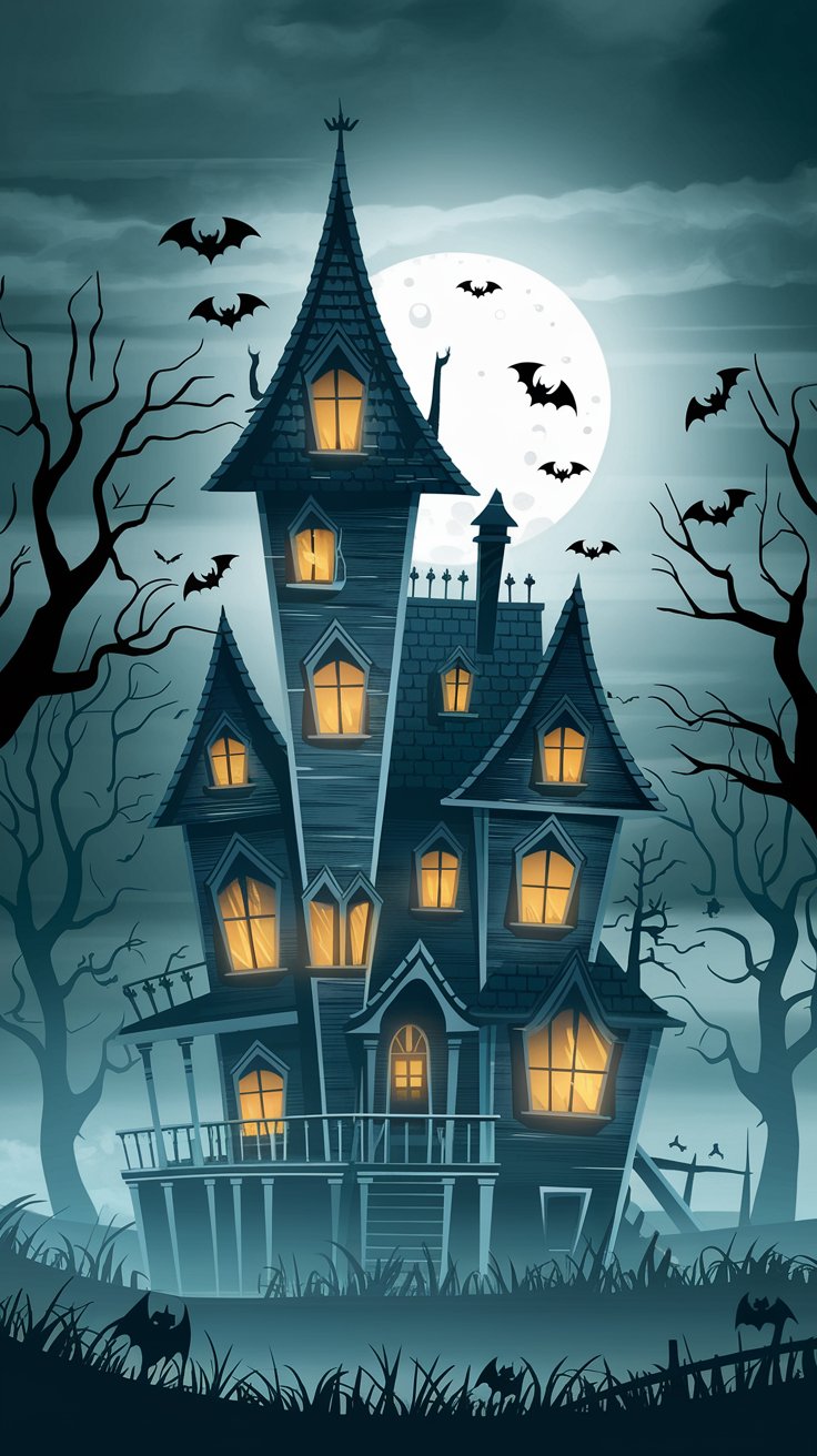 A towering haunted house with dimly lit windows and bats flying around surrounded by fog and dead trees The scene includes a full moon and spooky lighting to make it ideal for halloween iPhone wallpapers