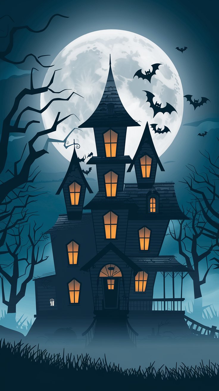 A towering haunted house with dimly lit windows and bats flying around surrounded by fog and dead trees The scene includes a full moon and spooky lighting to make it ideal for iPhone wallpapers 3