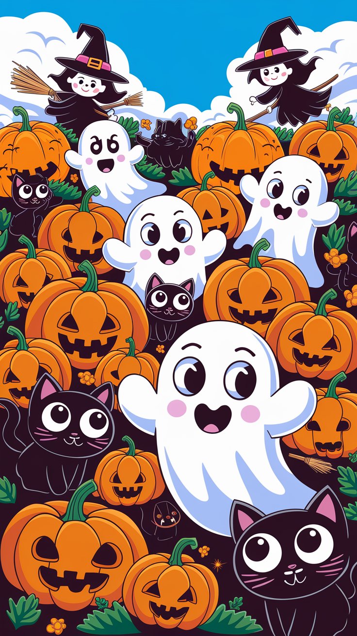 Immerse yourself in a delightful Halloween atmosphere filled with lovable ghosts, colorful pumpkins, and joyful bats. Enjoy the spooky season with a grin!