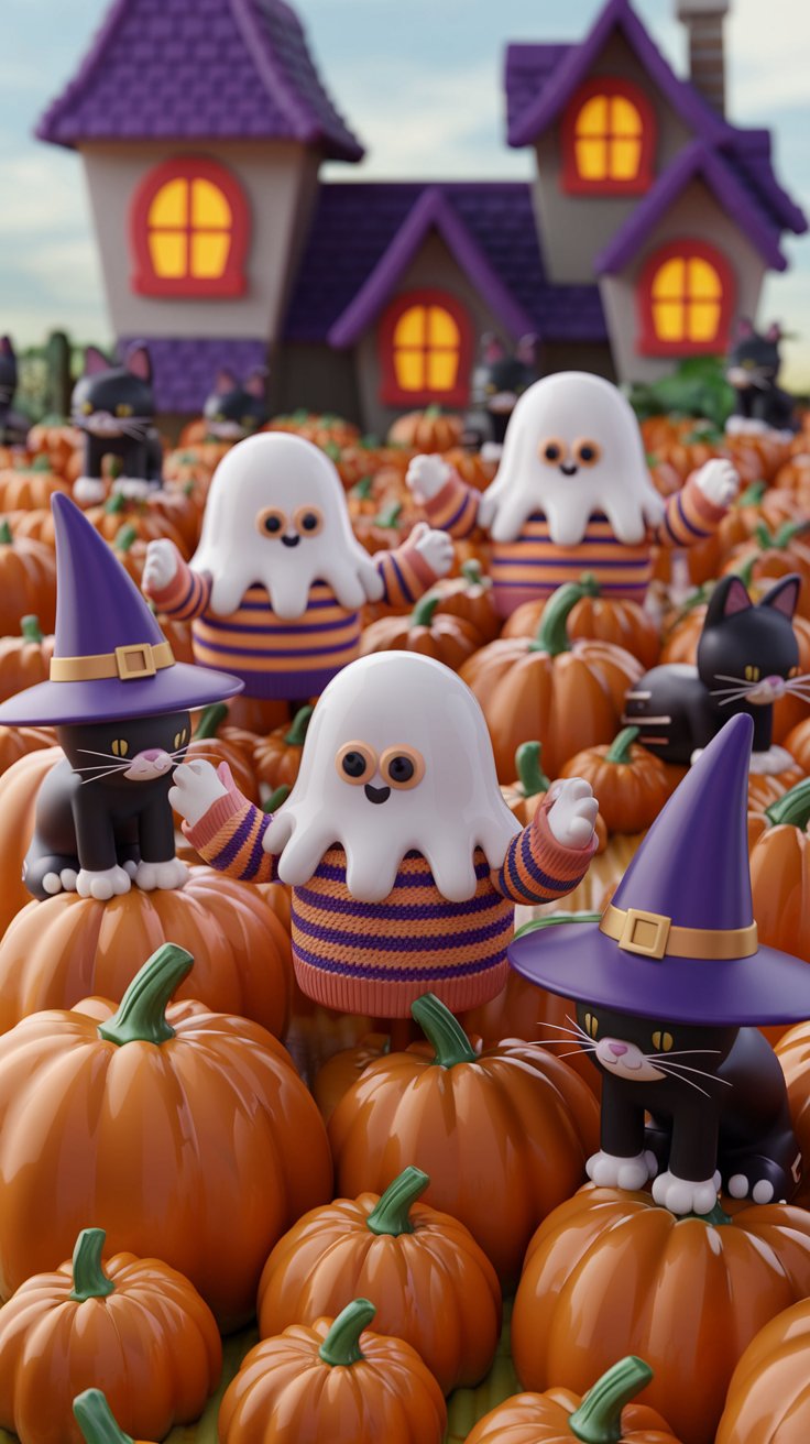 Cute Halloween iphone wallpaper with Ghosts and Pumpkins and bats