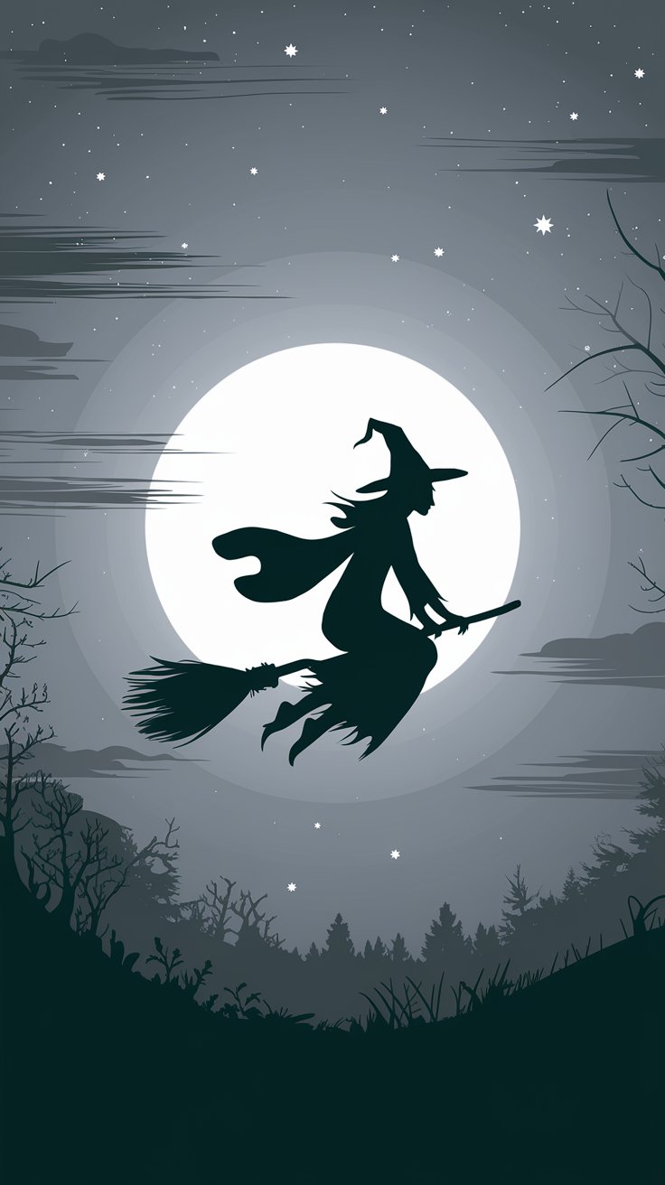 Discover a magical collection of Halloween wallpapers perfect for your iPhone, showcasing enchanting witches riding broomsticks under the moonlit sky.