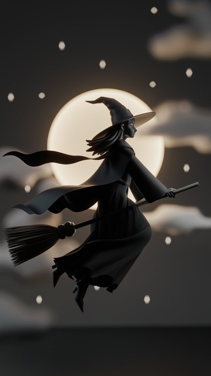 Transform your iPhone with stunning Halloween wallpapers of witches flying on broomsticks. Capture the magic of the night sky this spooky season!