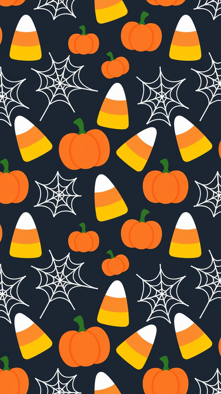 Transform your iPhone with a stunning pattern of candy corn, pumpkins, and spider webs. This vibrant design on a dark background is a seasonal must-have!