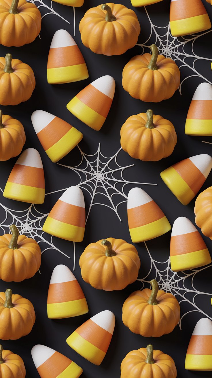 Elevate your iPhone wallpaper with a seamless pattern of candy corn, pumpkins, and spider webs. The rich colors on a dark background are simply enchanting!