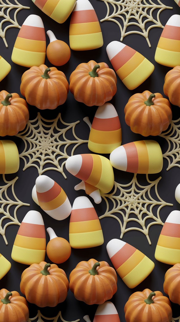 Brighten your iPhone with a vibrant candy corn, pumpkin, & spider web pattern! Perfect seamless Halloween wallpaper featuring vivid orange and yellow on a dark background.