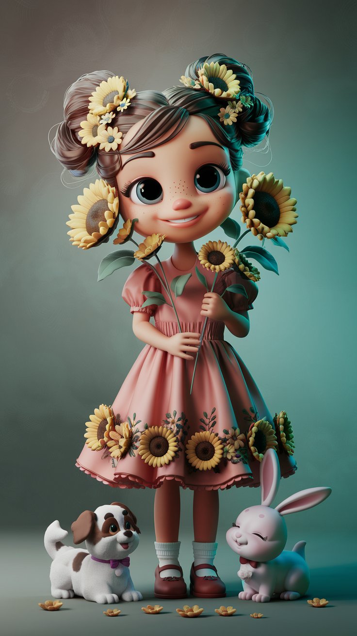 Explore a delightful 3D render featuring a cute little girl in a dress, seamlessly blending with her adorable wallpaper background. A perfect design choice!