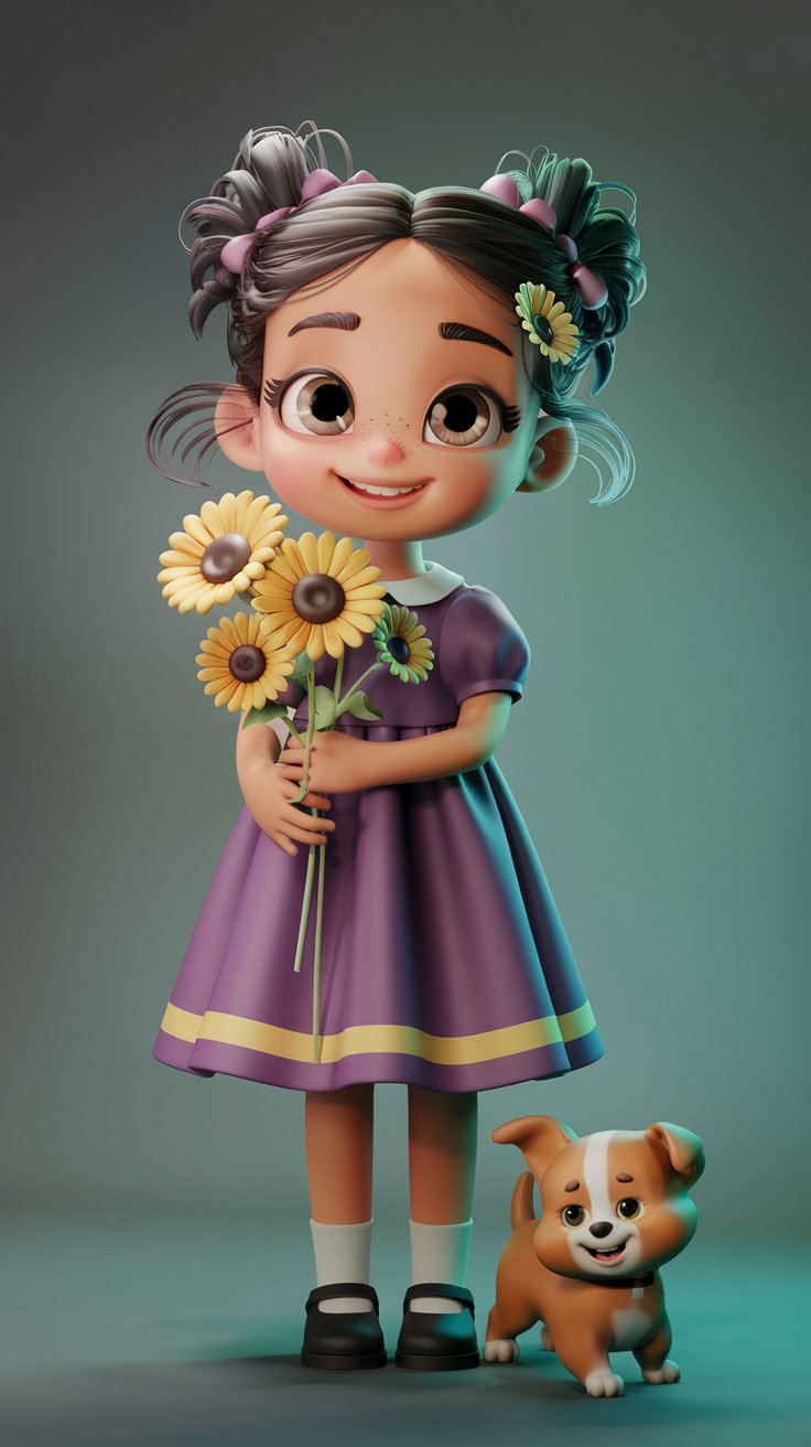 Explore an adorable 3D design featuring a little girl in a matching dress and background. Perfect for adding a touch of cuteness to your wallpaper!