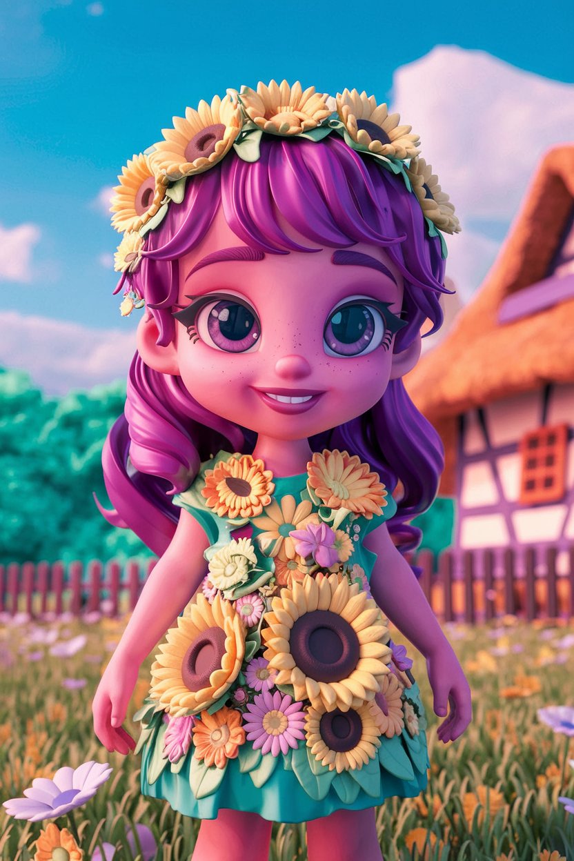 Enjoy a stunning 3D render of a cute little girl dressed to match her lovely background wallpaper. This charming design adds joy to any space!