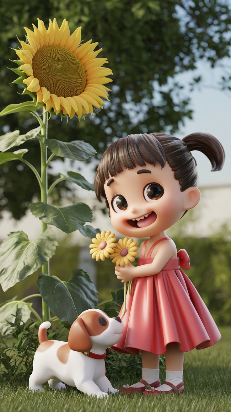 Discover a charming 3D render of a cute little girl in a dress that perfectly matches her lovely background. Ideal for your cute wallpaper needs!
