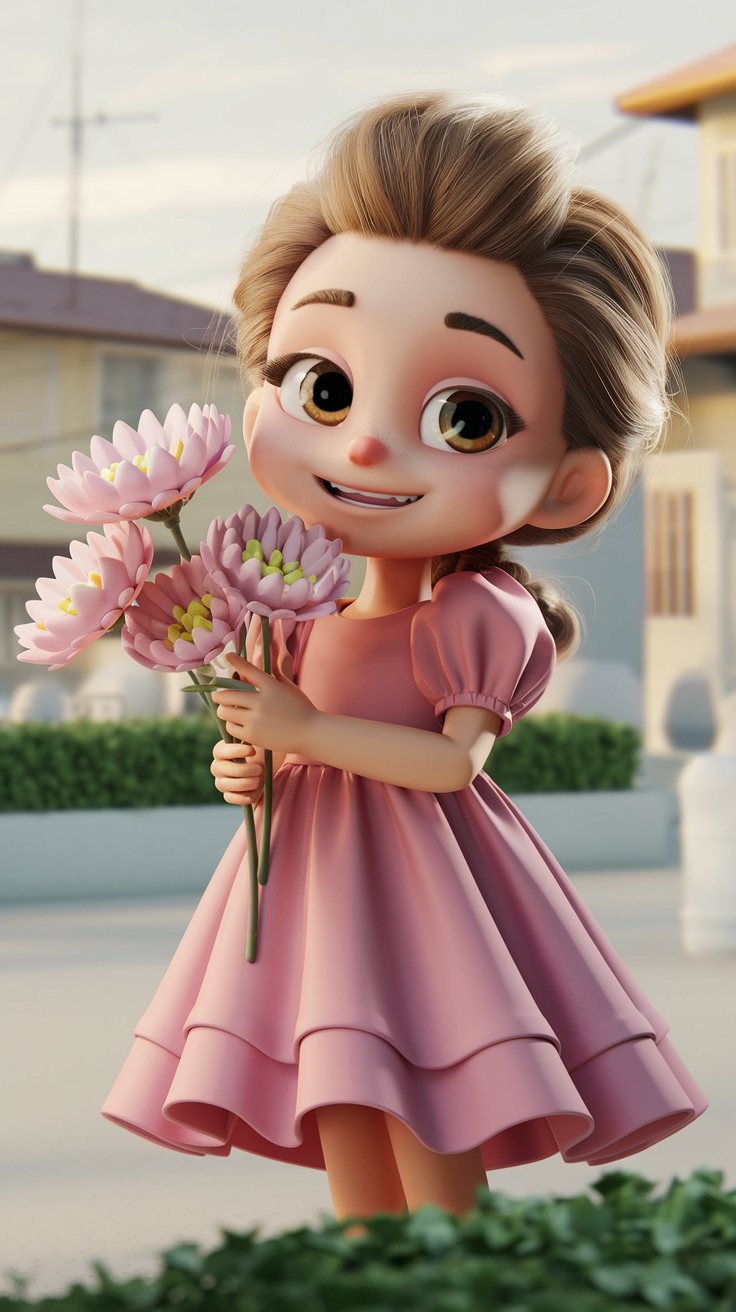 Explore an adorable 3D render featuring a little girl in a dress that blends perfectly with her cute wallpaper background. Ideal for refreshing your space!