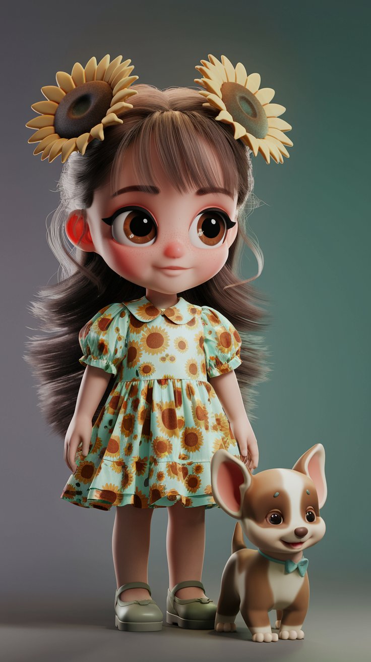 Dive into a heartwarming 3D image of a little girl dressed to match her lovely background. Ideal for anyone seeking cute wallpaper inspiration!