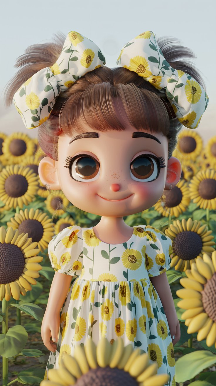 Explore a lovely 3D rendering of a cute girl in a stylish dress that matches the vibrant wallpaper background. A perfect touch for any cute decor!