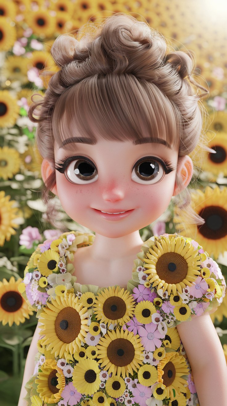 Discover a charming 3D render of a cute little girl in a matching dress, perfectly blended with a delightful background. Perfect for adorable wallpaper!