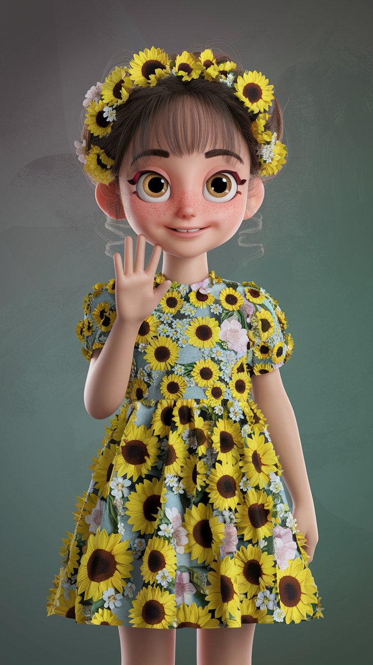 Enjoy a whimsical 3D render of a cute little girl dressed to match her enchanting background. A perfect choice for your adorable wallpaper inspiration!