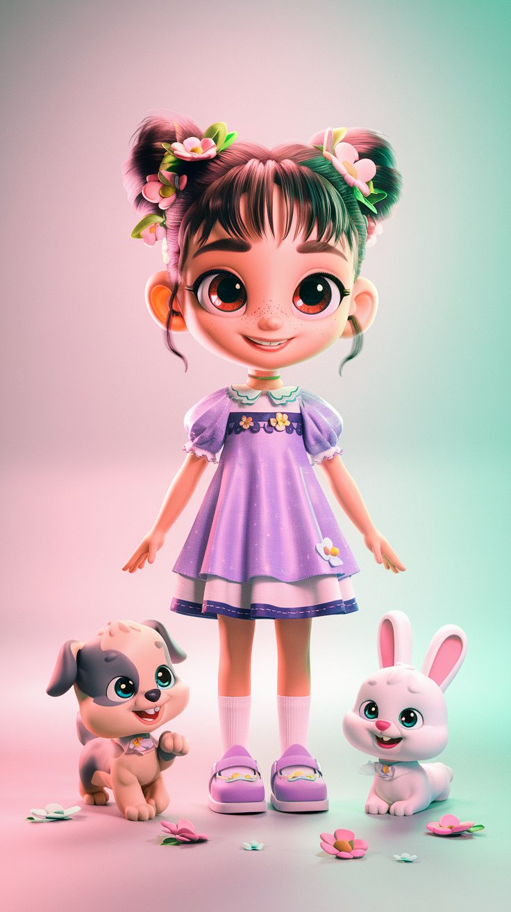 Discover a charming 3D render of a cute little girl in a matching dress, perfectly blending with the adorable "Cute wallpaper" background.