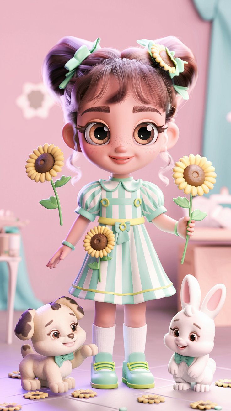 Explore charming 3D artwork featuring a cute little girl in a purple dress against a lovely purple backdrop. Ideal for your cute wallpaper collection!