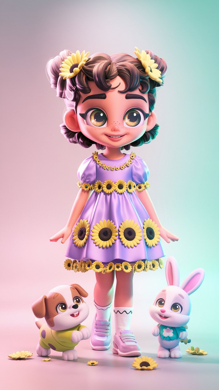 Explore adorable 3D images of a little girl paired with beautiful wallpapers. Ideal for kids' rooms and cheerful decor inspiration for everyone.