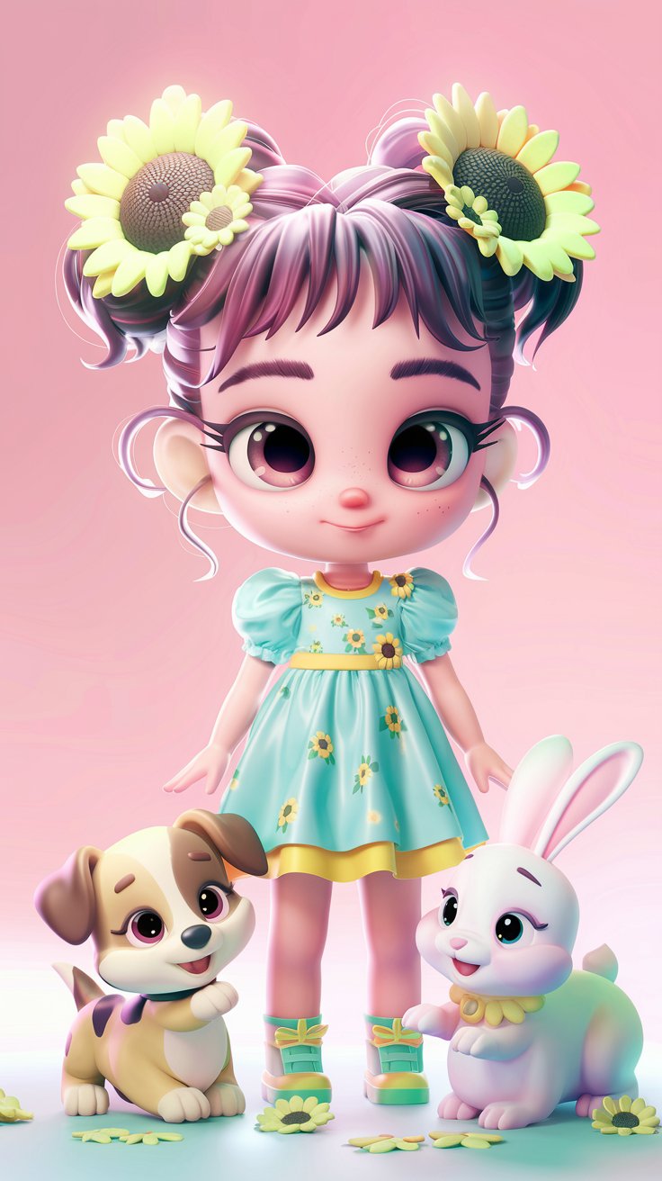 Enjoy a playful 3D render of a cute little girl alongside matching cute wallpaper. A whimsical touch for kids' rooms or playful spaces awaits you!