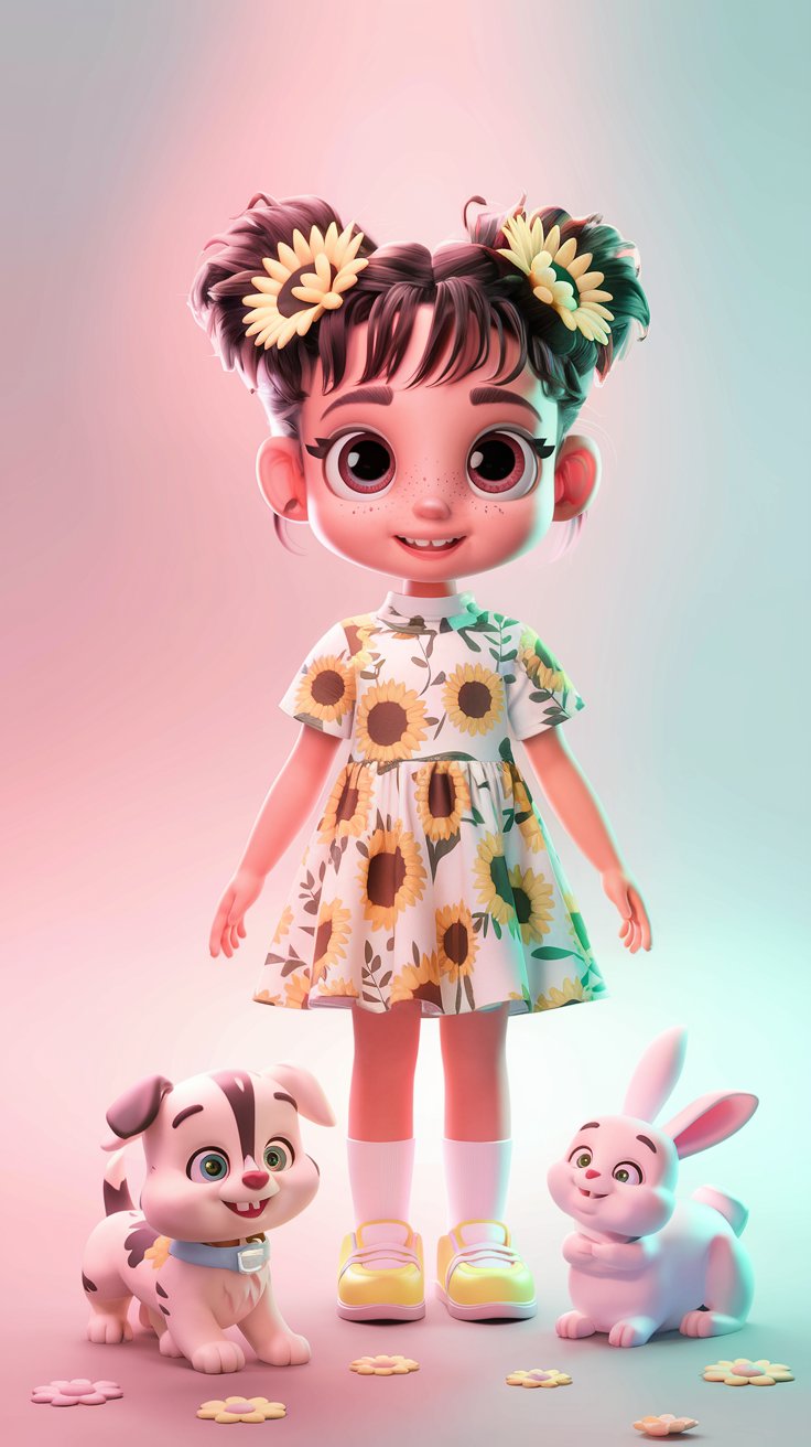 Explore our delightful 3D render of a cute little girl. Find matching cute wallpapers that add a playful touch to your home decor. Brighten your walls today!
