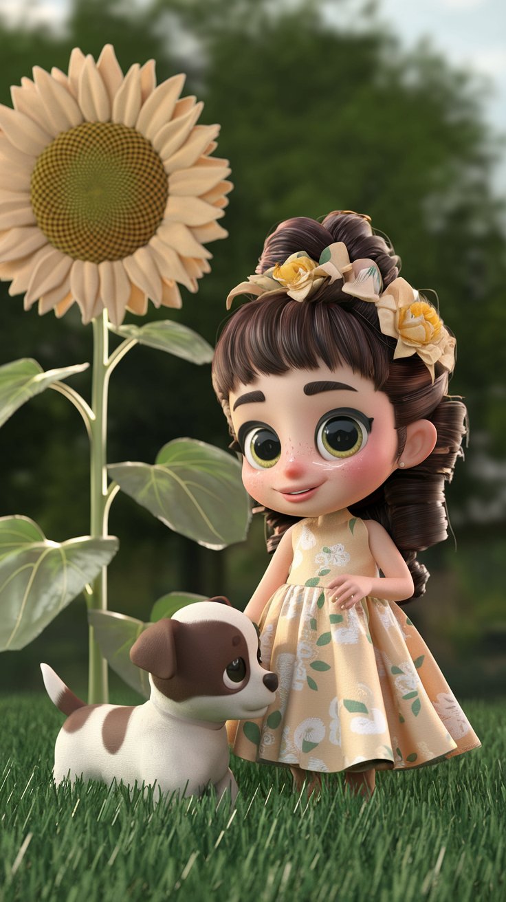 Discover a charming 3D render of a cute little girl in a matching dress, perfectly blending with a delightful background. Perfect for your cute wallpaper needs!