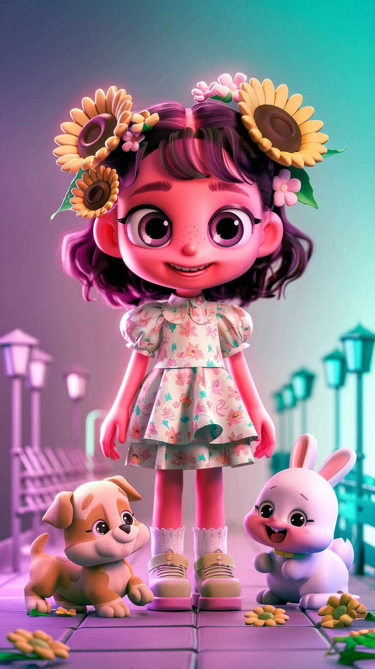 Discover adorable 3D renders of a cute little girl in a purple dress, perfectly matching a purple background. Perfect for your cute wallpaper needs!