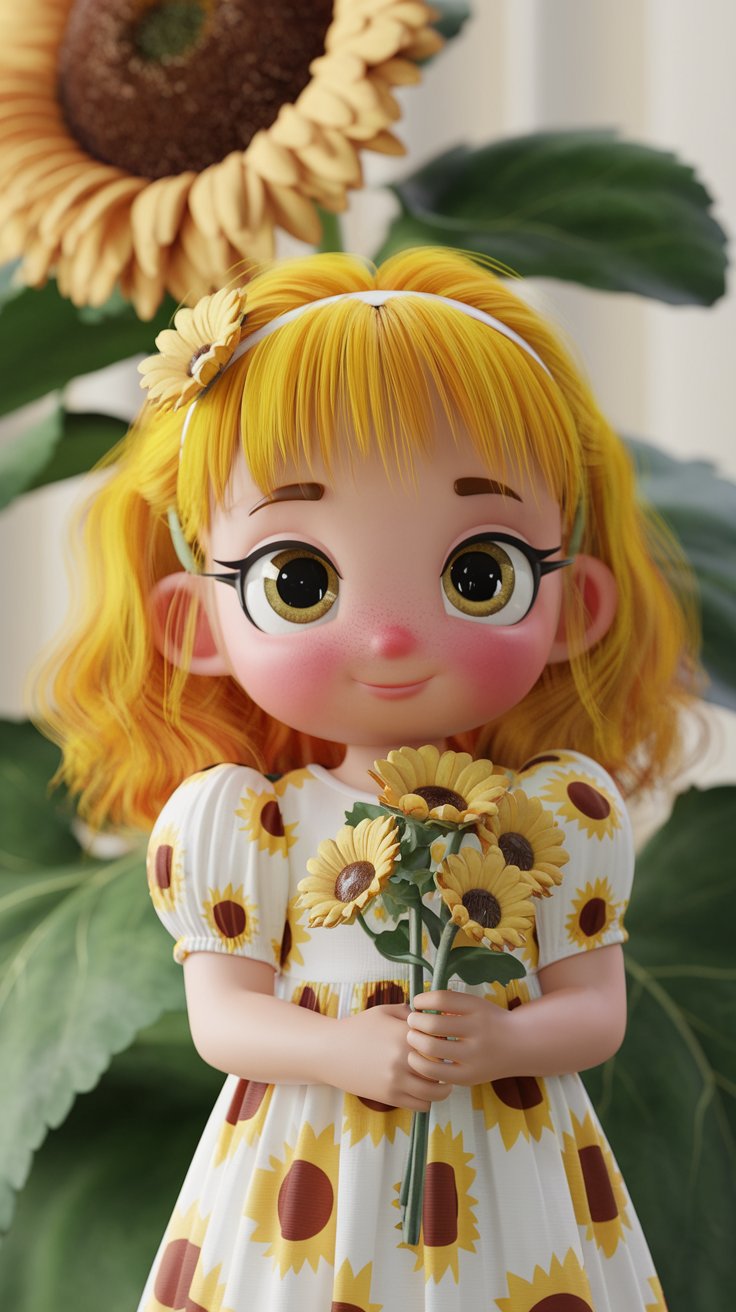 Explore delightful 3D renders of a cute girl with sunflowers. Ideal for anyone looking to add a touch of sweetness to their wallpaper collection!