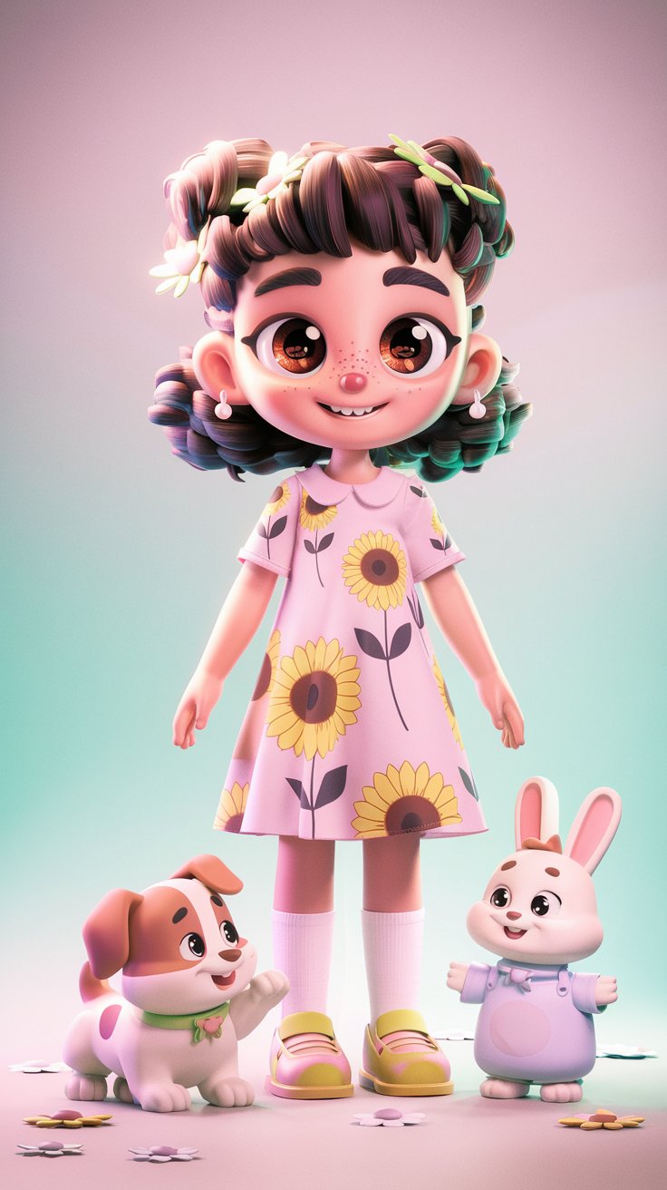 3D render of a cute little girl playing with puppy and bunny