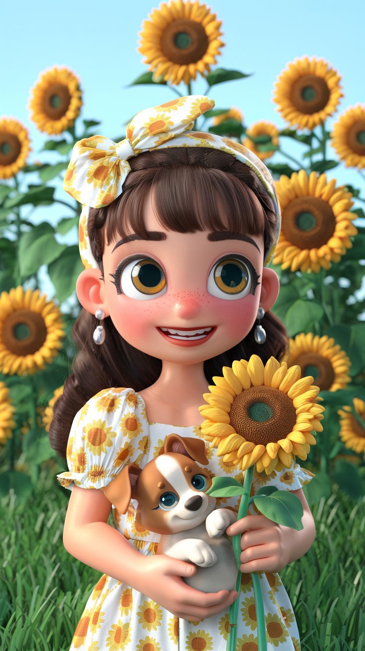 Discover adorable 3D renders of a cute little girl surrounded by sunflowers. Perfect for brightening your device with cheerful wallpaper!