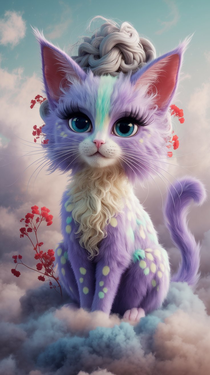 Discover a stunning HD mobile wallpaper featuring a 3D render of a fluffy cat with a captivating purple body. Perfect for cat lovers and mobile enthusiasts alike.