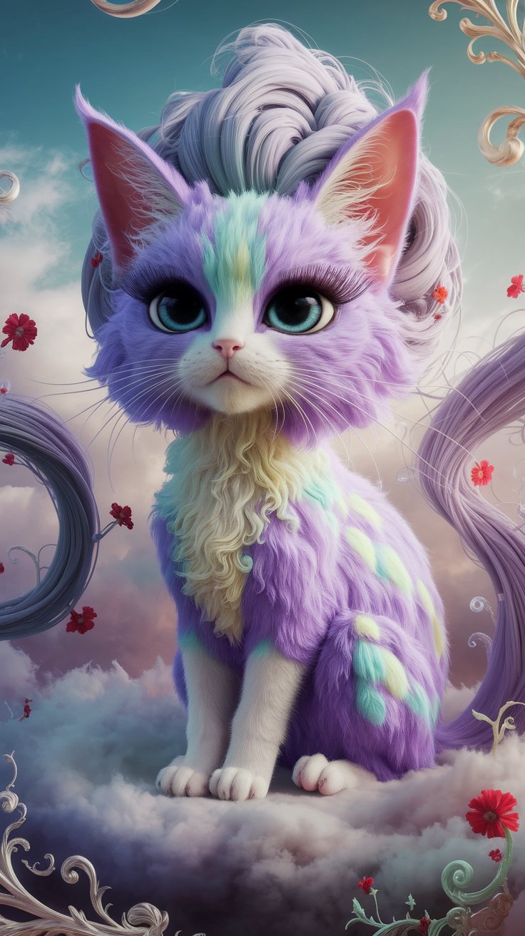 a-3d-render-of-a-fluffy-cat-with-a-purple-body-pal- cute wallpaper