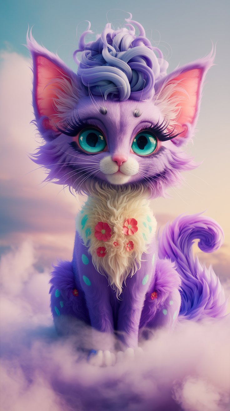 Enjoy a delightful wallpaper showcasing a fluffy purple cat sitting quietly. Perfect for cat lovers looking to add some cuteness to their screens!