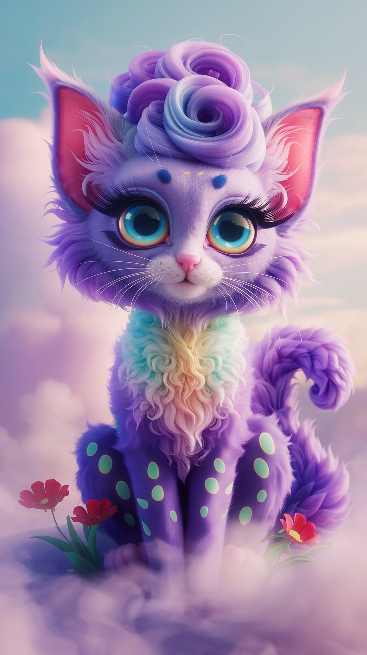 Discover a cute 3D render of a fluffy cat with a purple body. Perfect for wallpaper lovers looking to add a touch of charm to their screens!