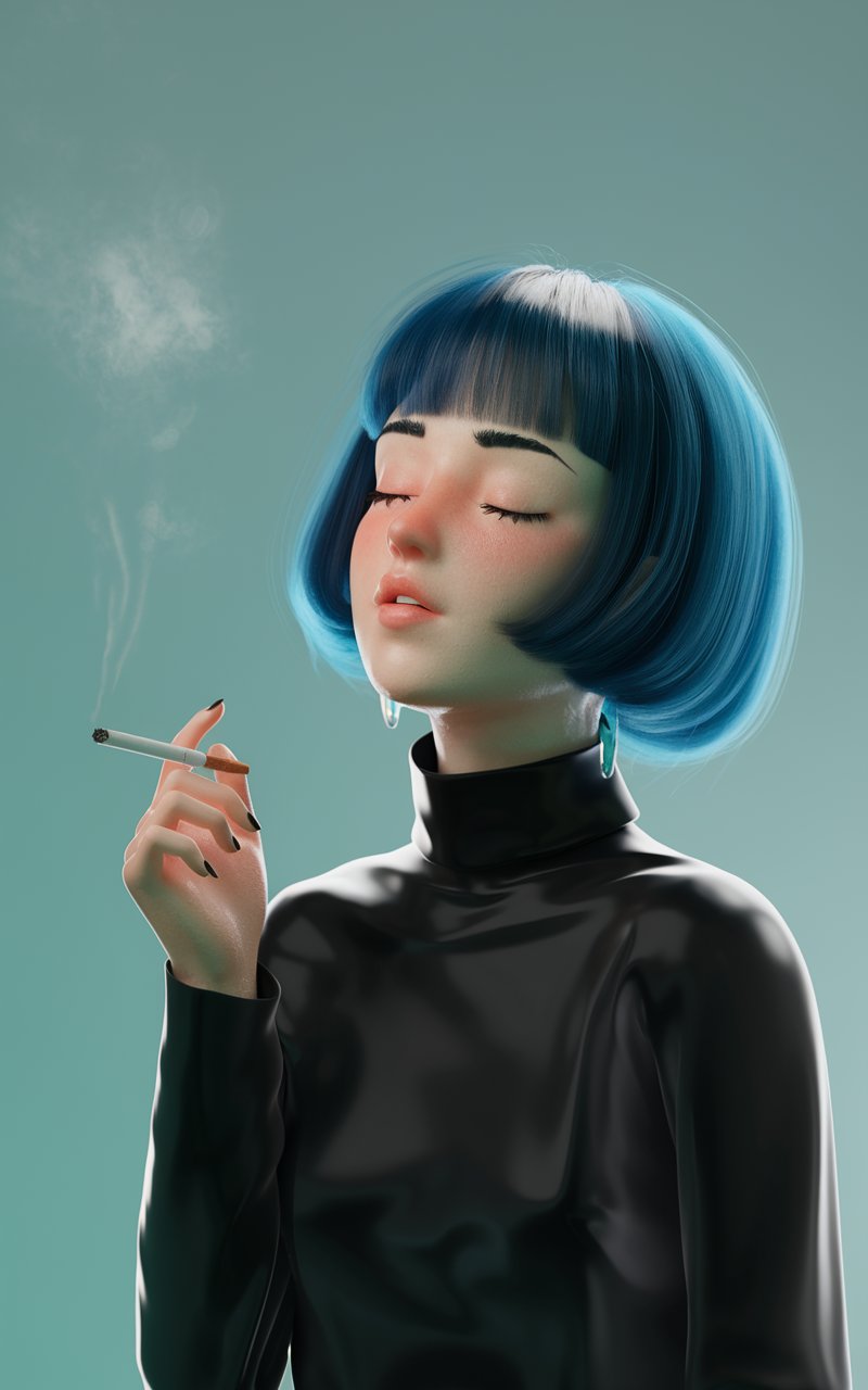 Explore a striking 3D image of a woman with a blue bob hairstyle, showing pain while smoking. Ideal for those looking for cute and artistic wallpaper.