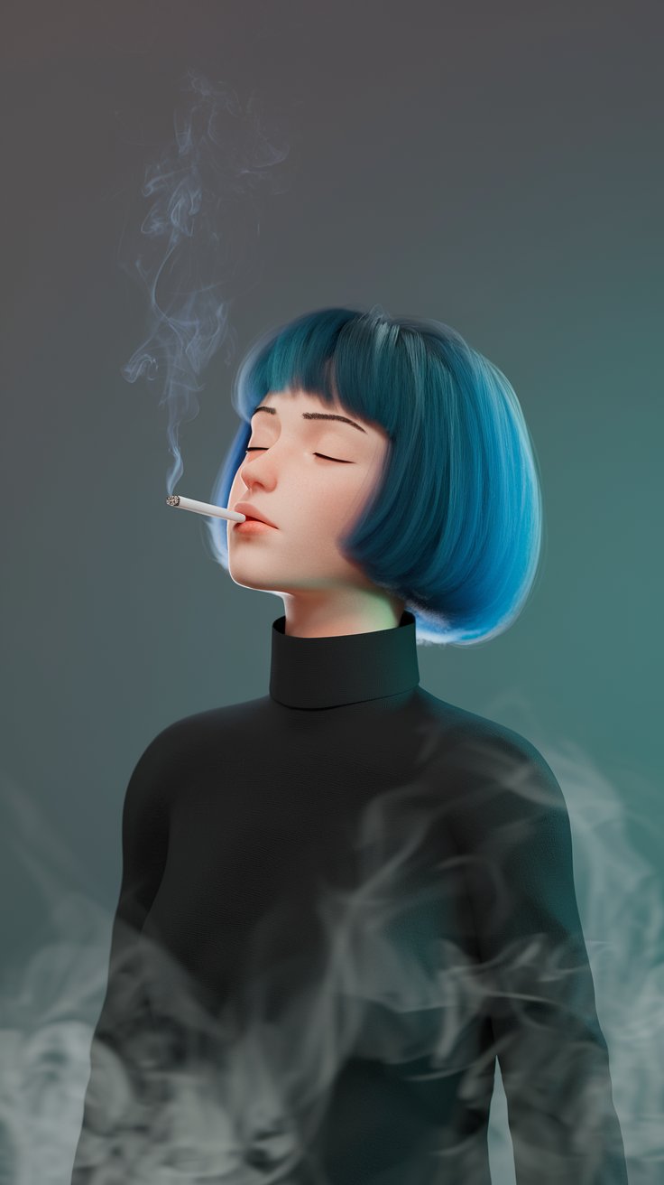 Find a one-of-a-kind finished artwork of a woman with a short blue bob hairstyle looking hurt and has a cigarette in her mouth.