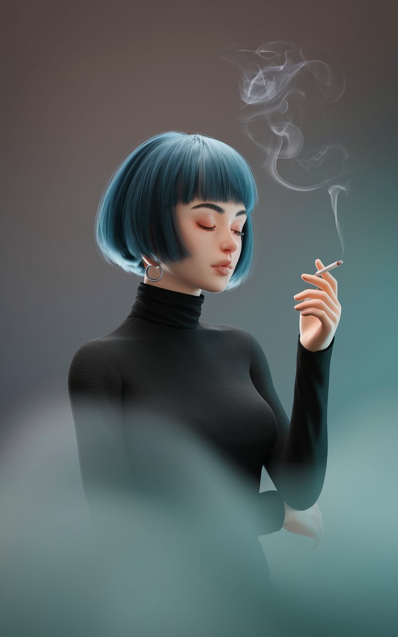 Explore spectacular 3D illustrations depicting a female figure with a blue short and neat bob cut hairstyle.