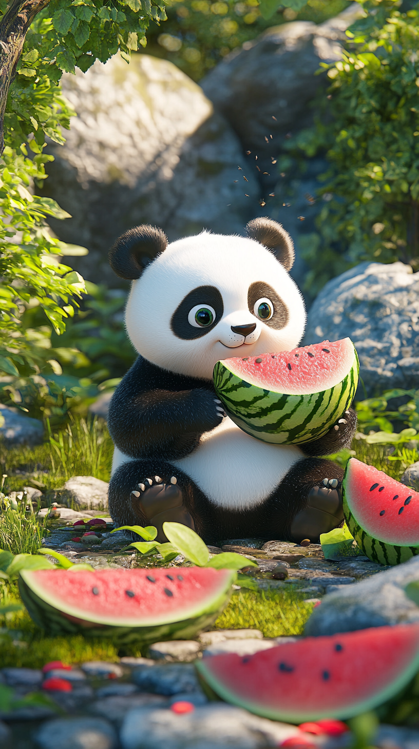 3d kung fu panda wallpaper 4k for mobile 266 - Little Nimo AI 3D Kung Fu Panda eating watermelon 4K Wallpaper