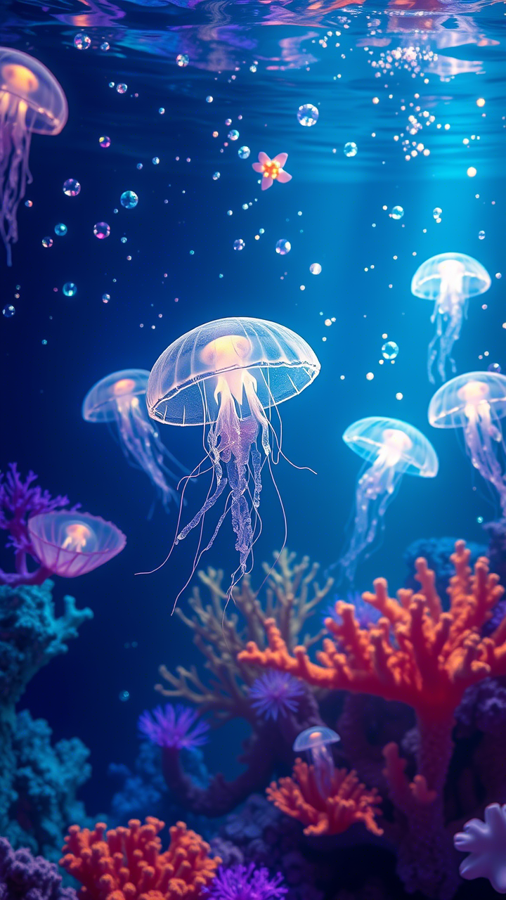 A surreal underwater scene with glowing jellyfish and coral reefs 3d Wallpaper for phone 1 - Little Nimo AI 3d Jellyfish Wallpaper 4k