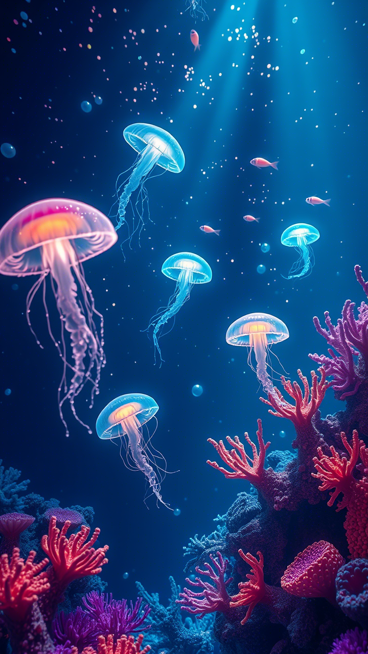 A surreal underwater scene with glowing jellyfish and coral reefs 3d Wallpaper for phone 4 - Little Nimo AI underwater jellyfish 3d Wallpaper