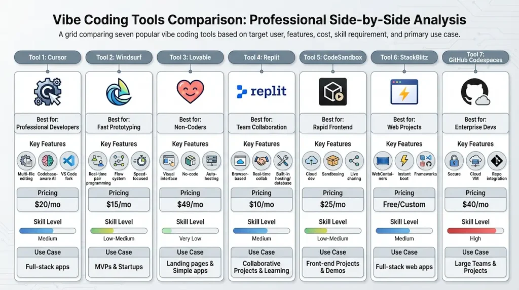 Vibe Coding Tools Comparison 2026 : Cursor, Windsurf, Lovable, Replit — prix, niveau requis et cas d'usage