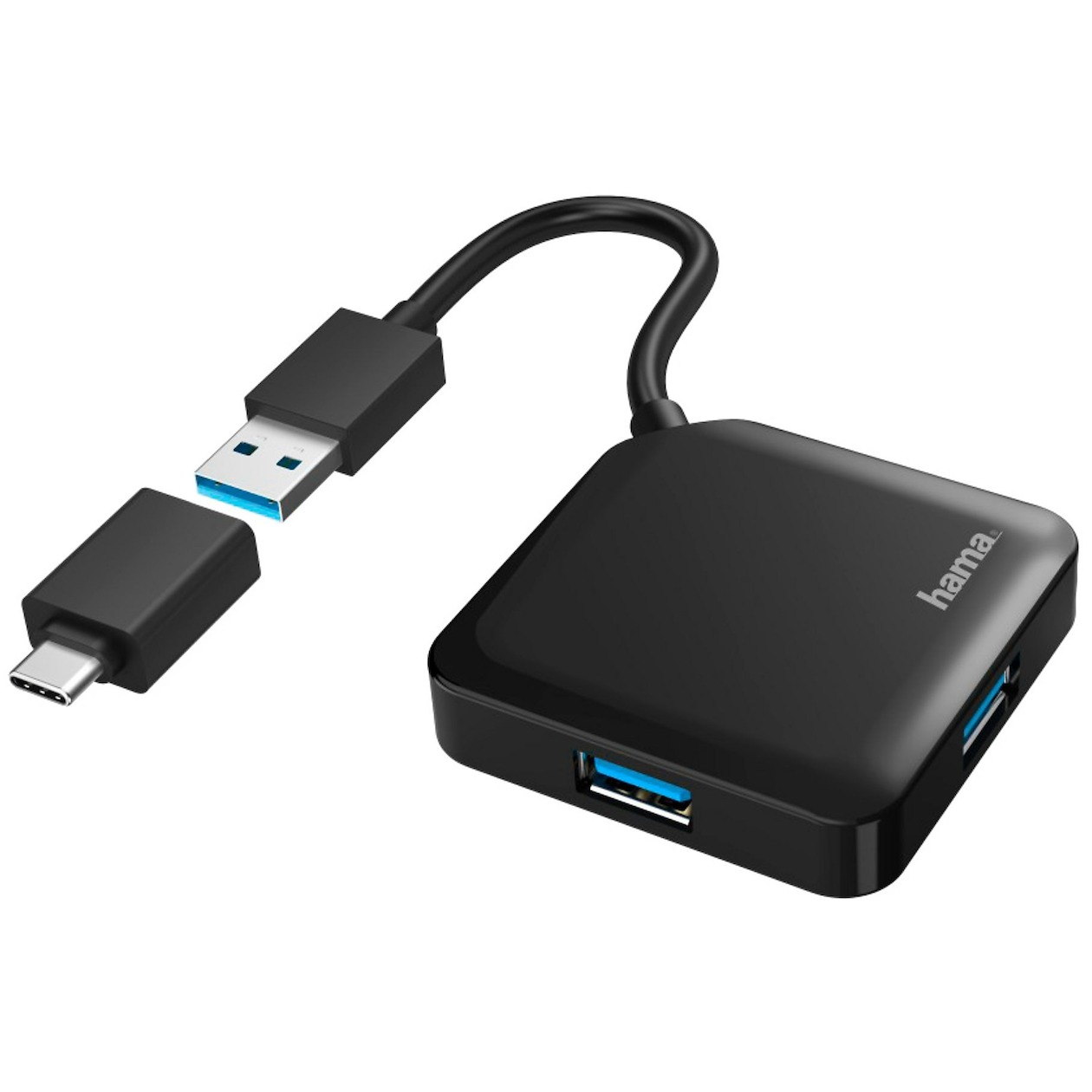 Hama USB-hub, 4-poorts, USB 3.2 Gen1, 5 Gbit/s, incl. USB-C-adapter USB Hub Zwart
