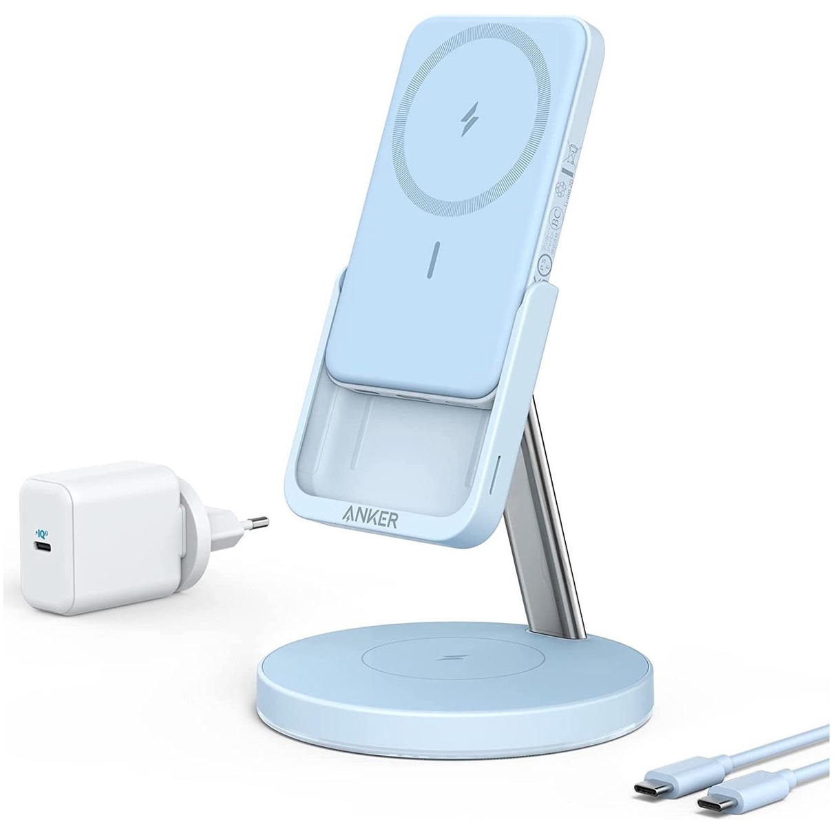 Anker PowerWave Mag-Go 2-in-1 Stand Oplader Blauw