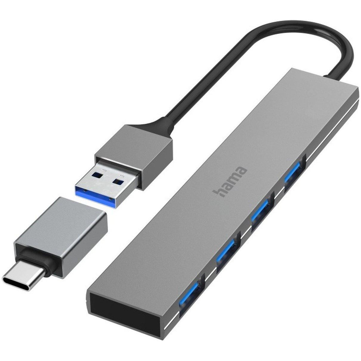 Hama Ultra Slim USB 3.2 Gen 1-hub 4 poorten Met USB-C stekker Grijs