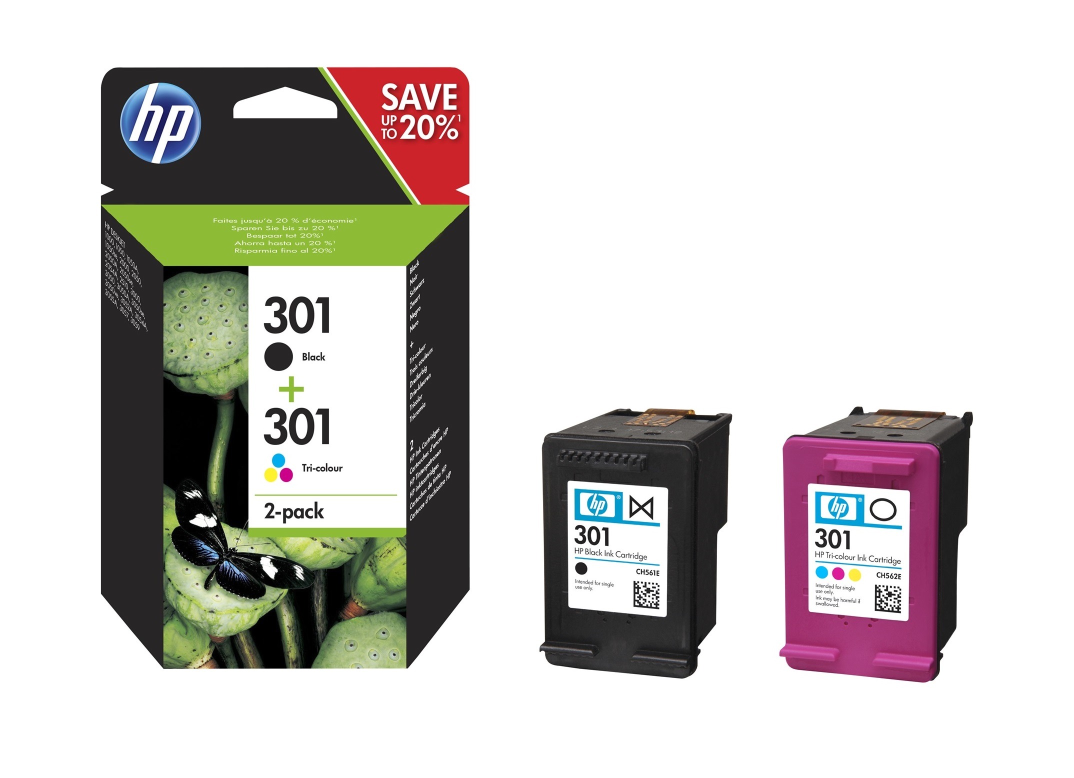 HP 301 Inkt Cartridge Combo 2-Pack Standaardcapaciteit (Zwart en kleuren cartridge)