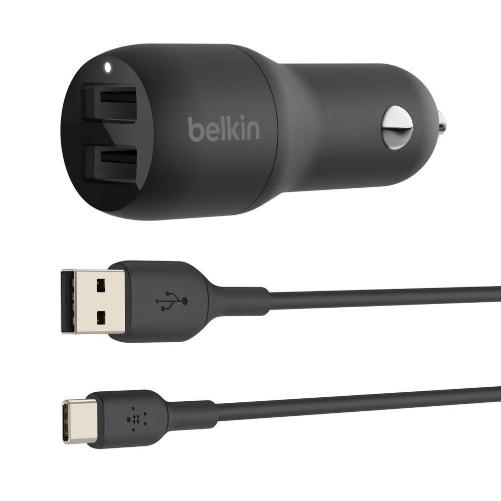 Belkin Dual USB-A Car Charger + USB-A naar USB-C kabel - 24W Oplader Zwart