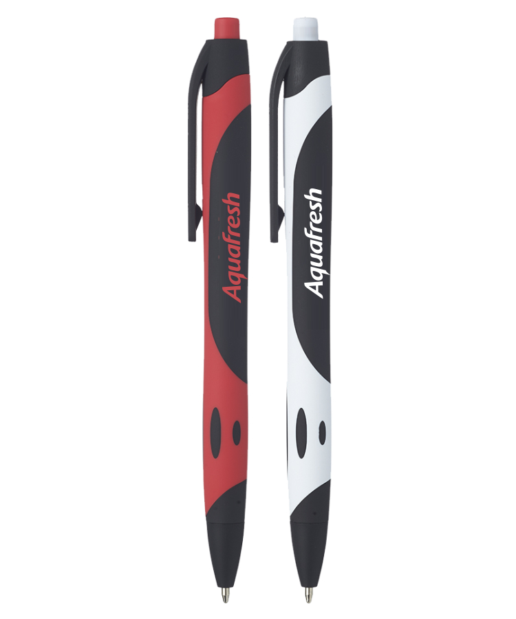 Sleek ballpoint pen with rubberized grip and contrasting accent color. Click mechanism with built-in clip.