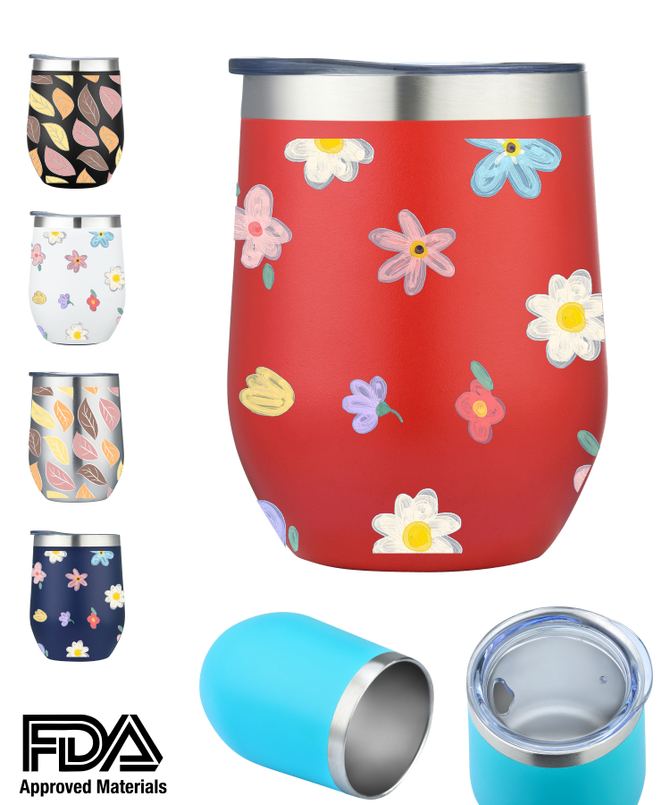 12oz Double Wall Stainless Steel Wine Tumbler Vacuum Insulated Powder Coated - Full Color Wrap