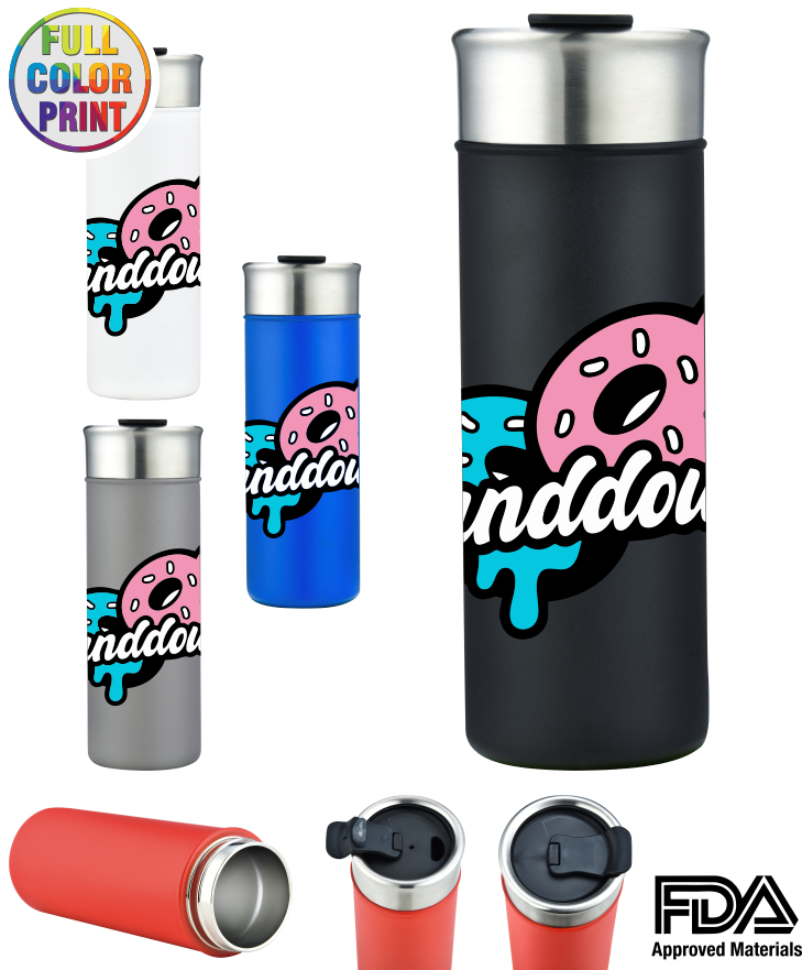 Vacuum-insulated tumbler keeps drinks hot 12 hours, cold 24 hours. Full color imprint. Locking lid. BPA free.