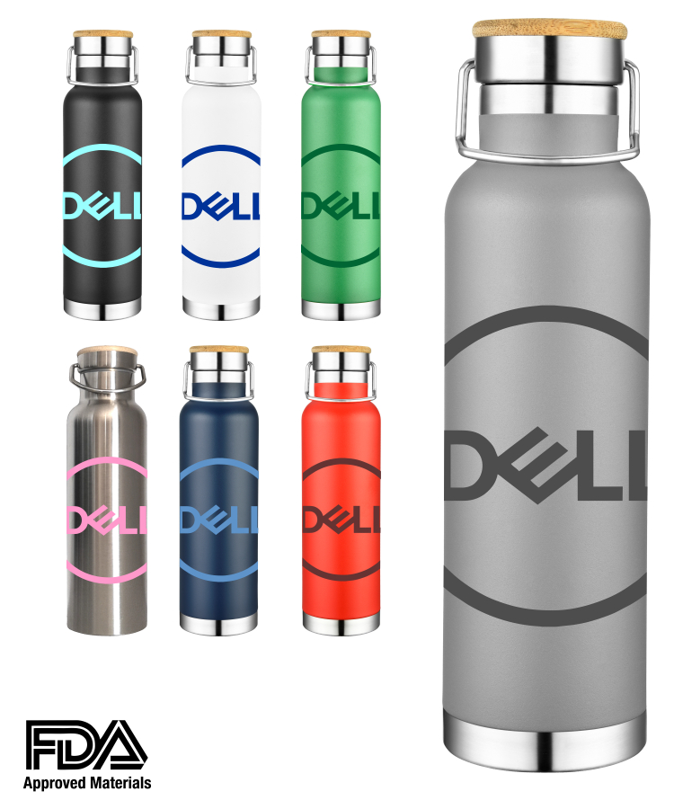 22oz Double Wall Stainless Steel Vacuum Insulated Travel Bottle with Bamboo Lid Powder Coated - One Color Wrap