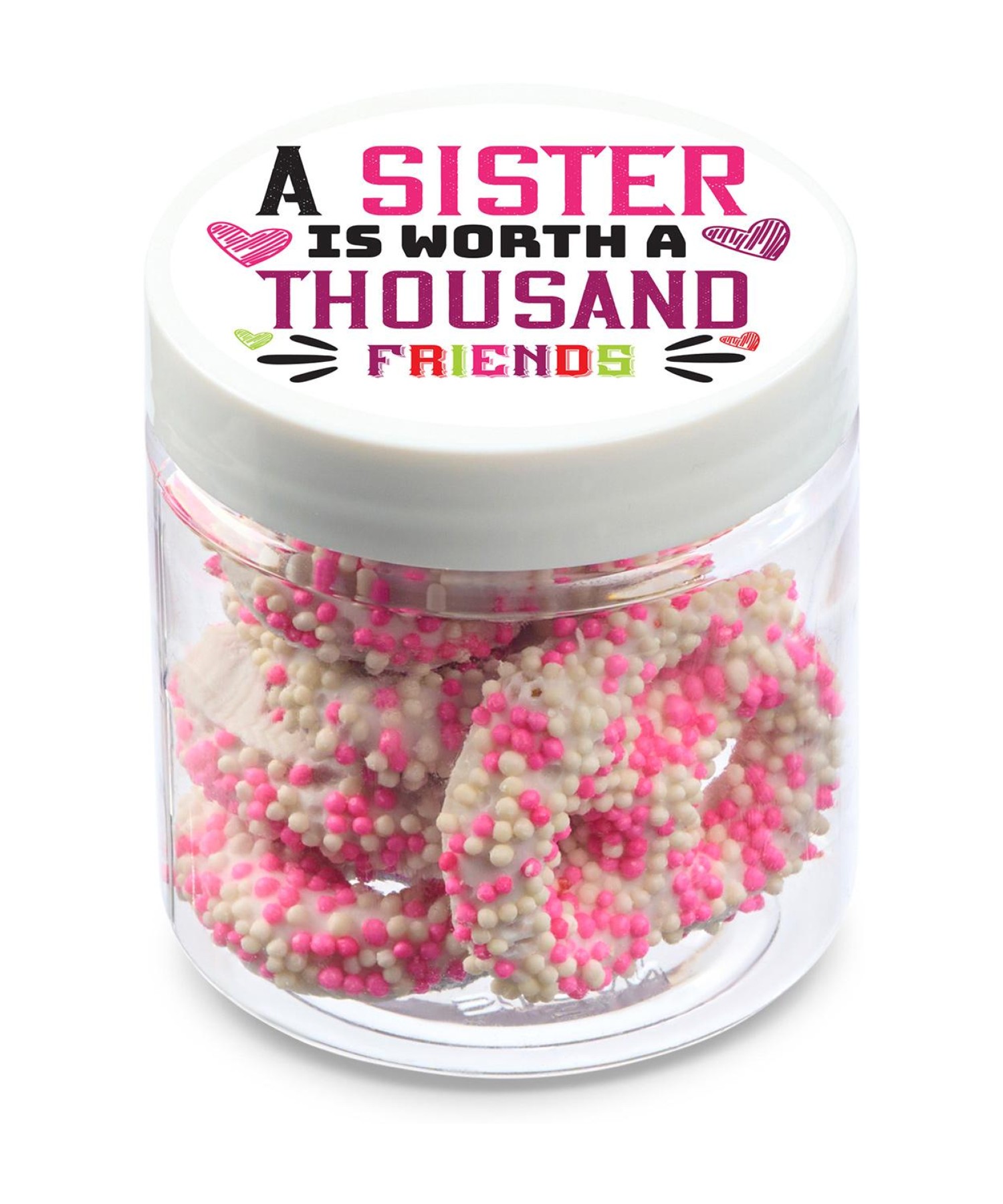 Union Printed - 4 oz jar of chocolate dipped striped pretzels with a full color imprint on the lid